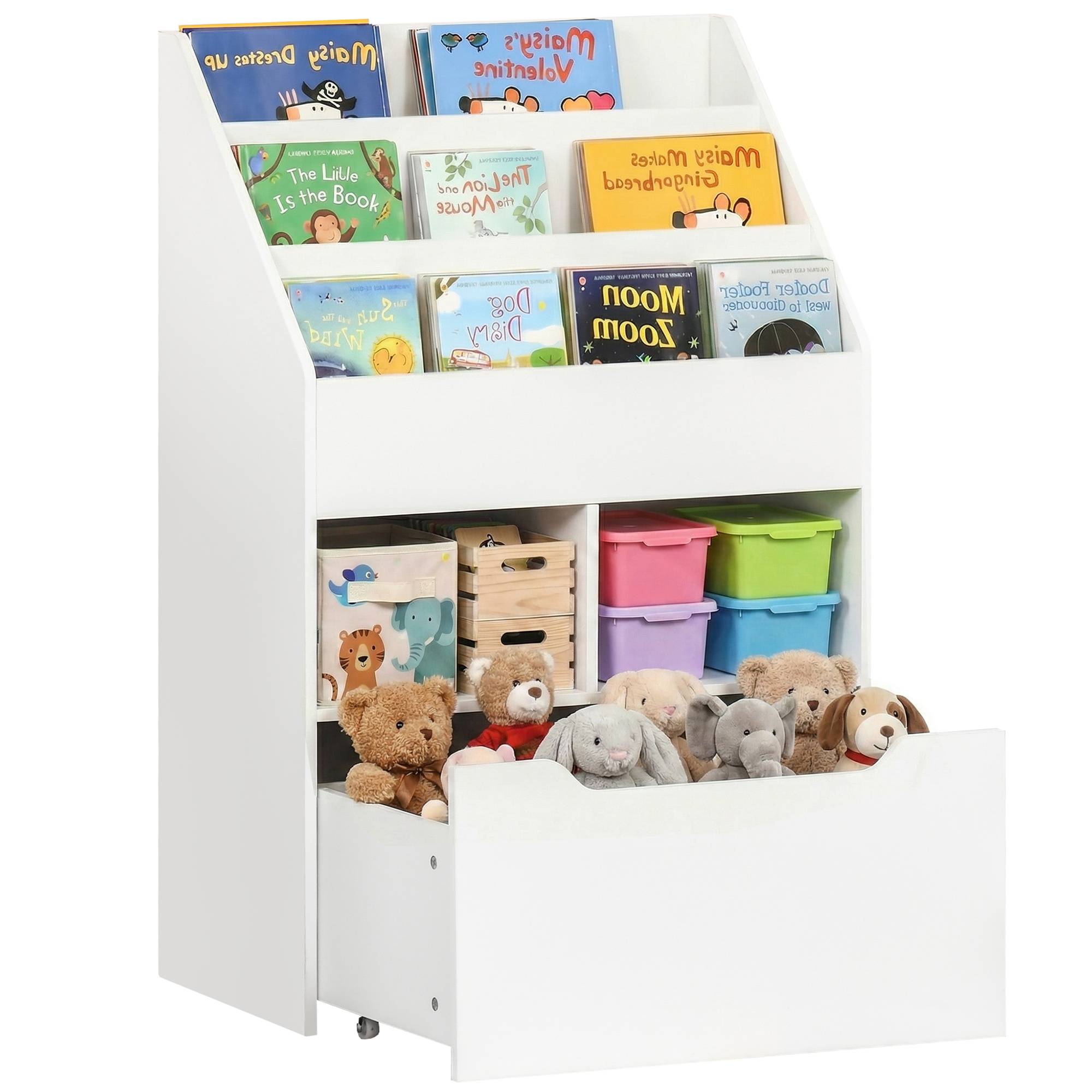 Étagère bois blanche 3 compartiments 2 cubes tiroir mobile 4 roulettes rangement enfant 60 × 29,9 × 90 cm