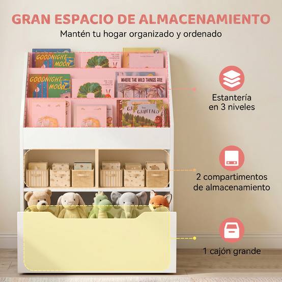 Étagère bois blanche 3 compartiments 2 cubes tiroir mobile 4 roulettes rangement enfant 60 × 29,9 × 90 cm - Image 6
