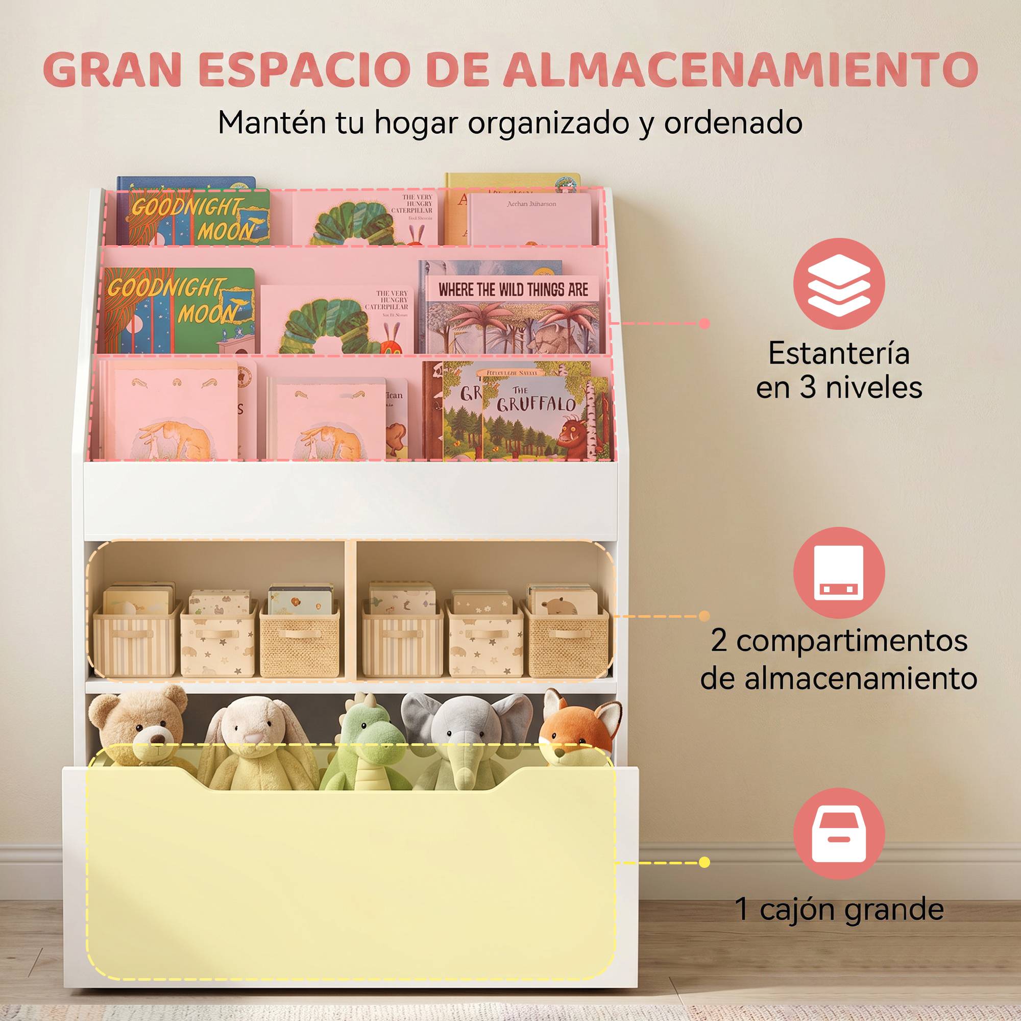 Étagère bois blanche 3 compartiments 2 cubes tiroir mobile 4 roulettes rangement enfant 60 × 29,9 × 90 cm - Image 6