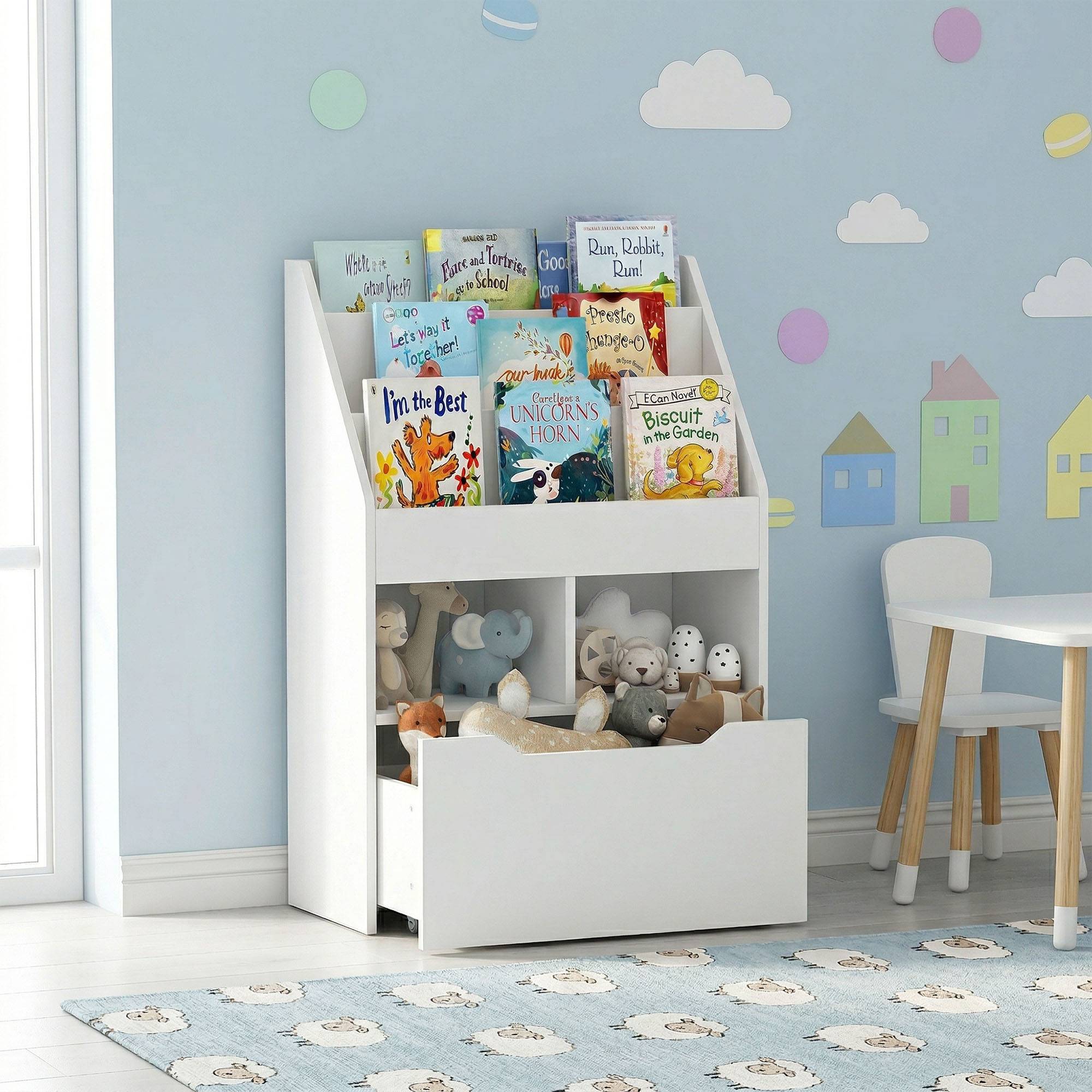 Étagère bois blanche 3 compartiments 2 cubes tiroir mobile 4 roulettes rangement enfant 60 × 29,9 × 90 cm - Image 4