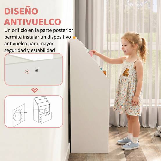 Étagère bois blanche 3 compartiments 2 cubes tiroir mobile 4 roulettes rangement enfant 60 × 29,9 × 90 cm - Image 9