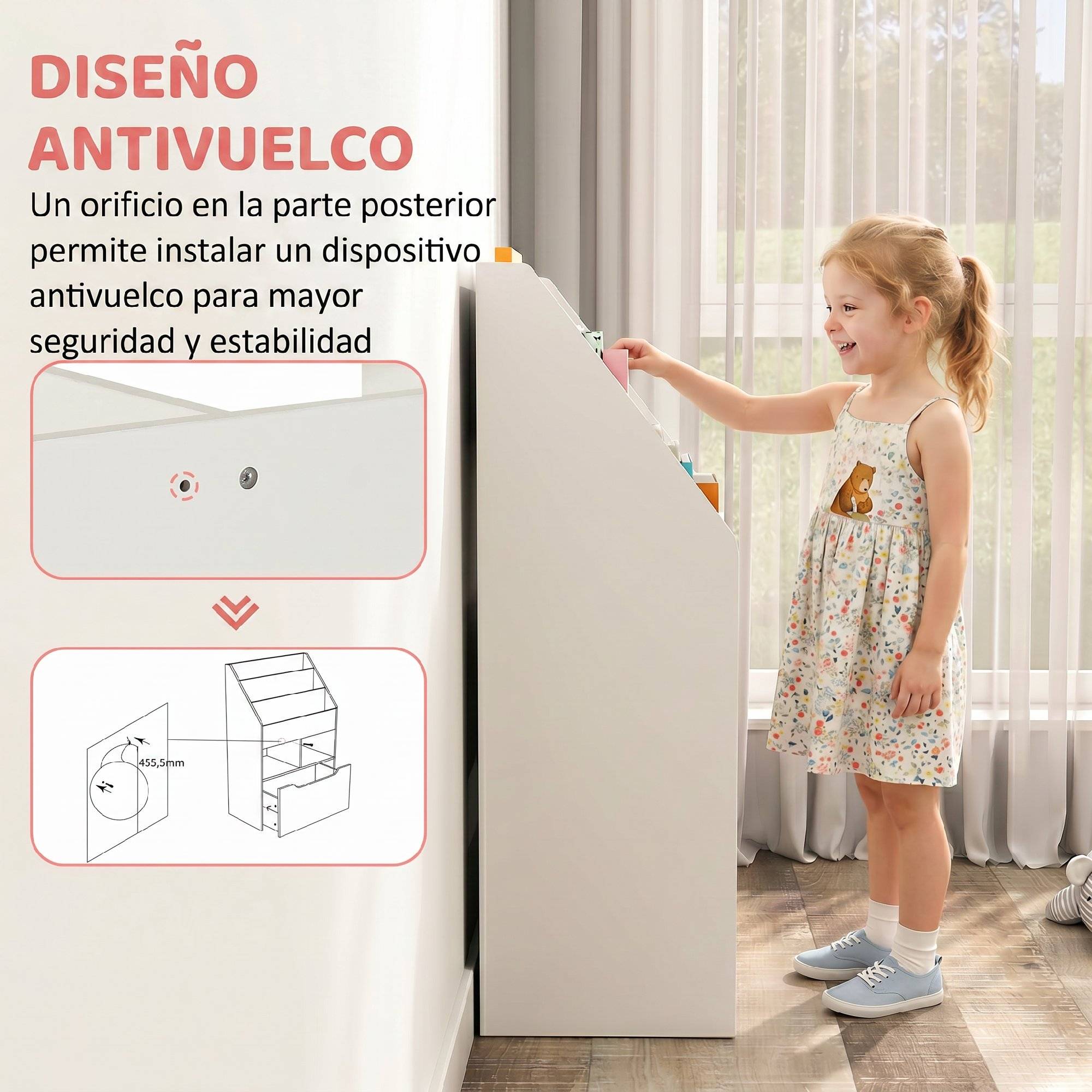 Étagère bois blanche 3 compartiments 2 cubes tiroir mobile 4 roulettes rangement enfant 60 × 29,9 × 90 cm - Image 9