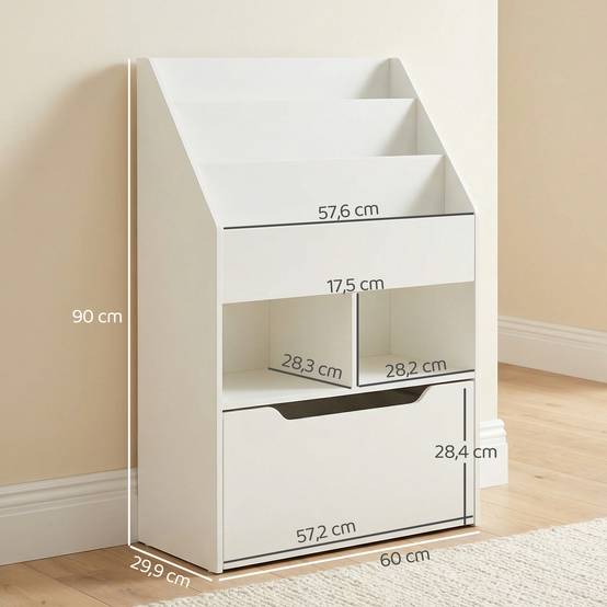 Étagère bois blanche 3 compartiments 2 cubes tiroir mobile 4 roulettes rangement enfant 60 × 29,9 × 90 cm - Image 5
