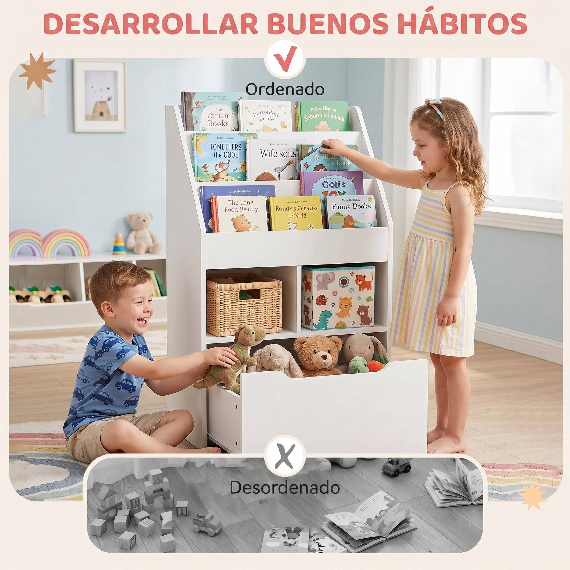 Étagère bois blanche 3 compartiments 2 cubes tiroir mobile 4 roulettes rangement enfant 60 × 29,9 × 90 cm - Image 10