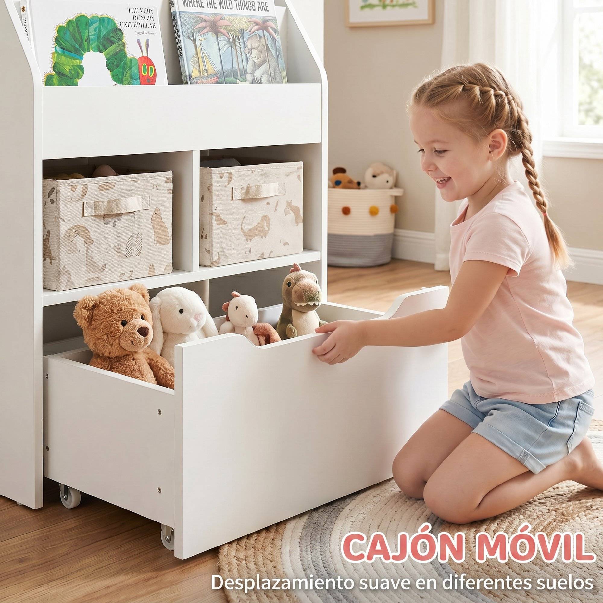 Étagère bois blanche 3 compartiments 2 cubes tiroir mobile 4 roulettes rangement enfant 60 × 29,9 × 90 cm - Image 8