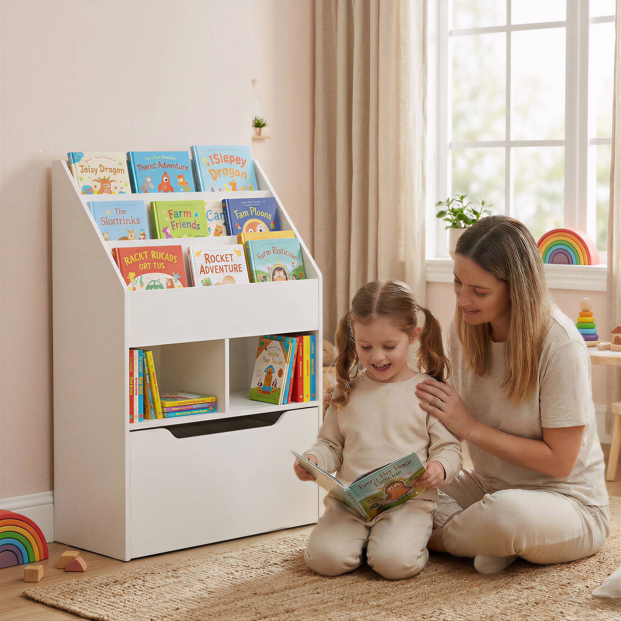 Étagère bois blanche 3 compartiments 2 cubes tiroir mobile 4 roulettes rangement enfant 60 × 29,9 × 90 cm - Image 3