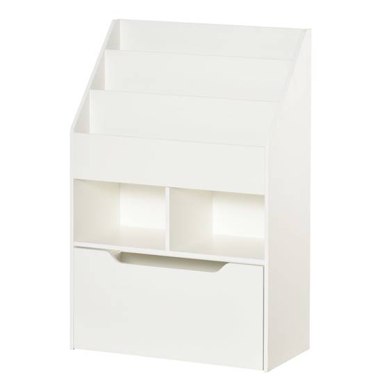 Étagère bois blanche 3 compartiments 2 cubes tiroir mobile 4 roulettes rangement enfant 60 × 29,9 × 90 cm - Image 2
