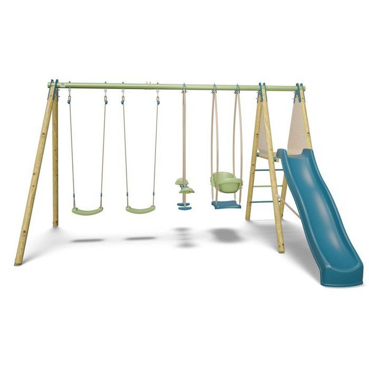 Trigano - Portique bois métal Kahuna 2 avec toboggan 2,22 m, 2 balançoires, plateforme 1,20 m - ALEO BY TRIGANO