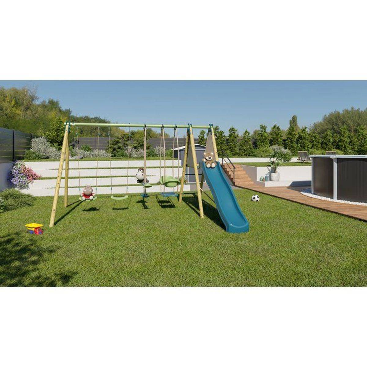 Trigano - Portique bois métal Kahuna 2 avec toboggan 2,22 m, 2 balançoires, plateforme 1,20 m - ALEO BY TRIGANO - Image 2