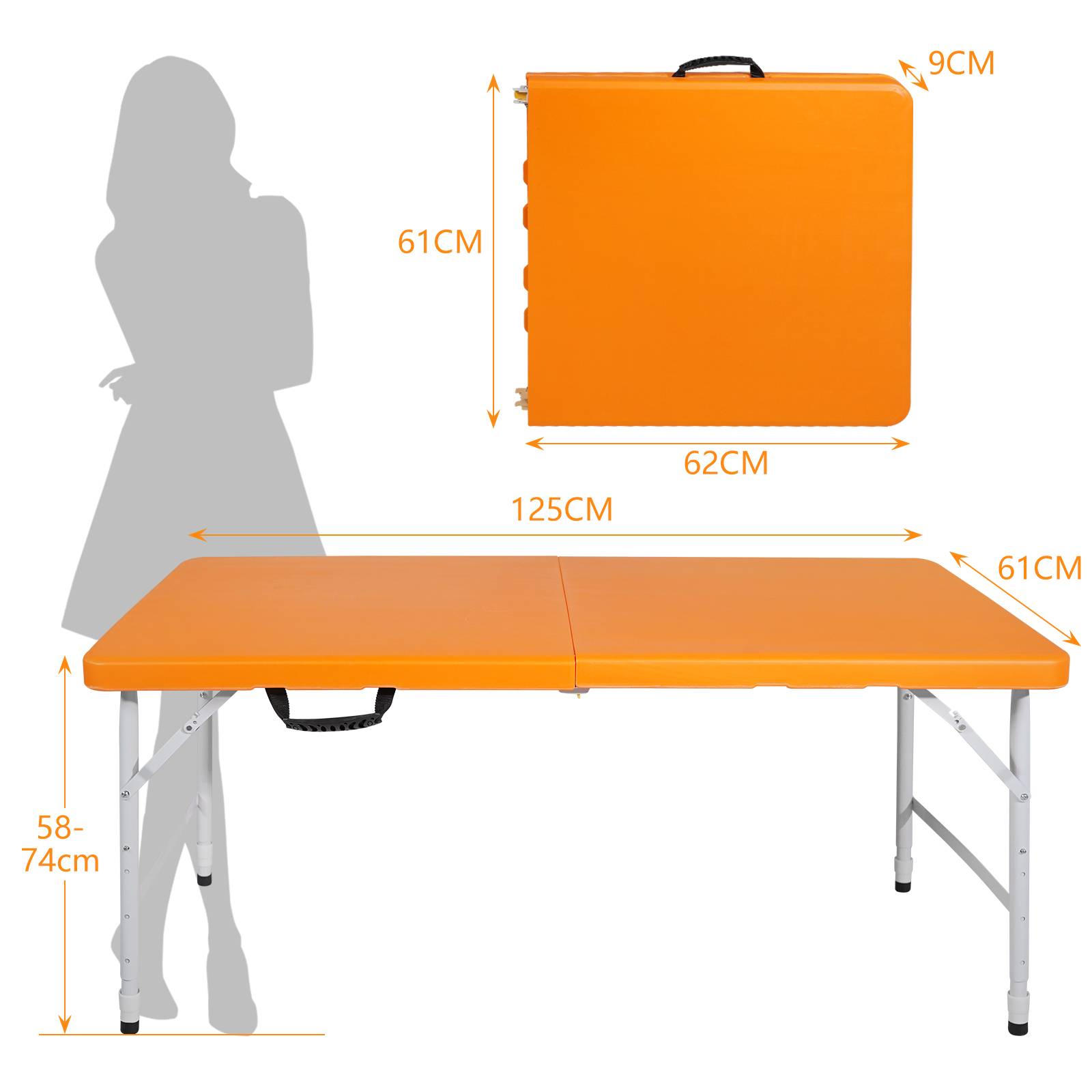Table pliante robuste 125cm, portable avec poignée, hauteur réglable, camping extérieur, charge 135kg (orange) - Image 6