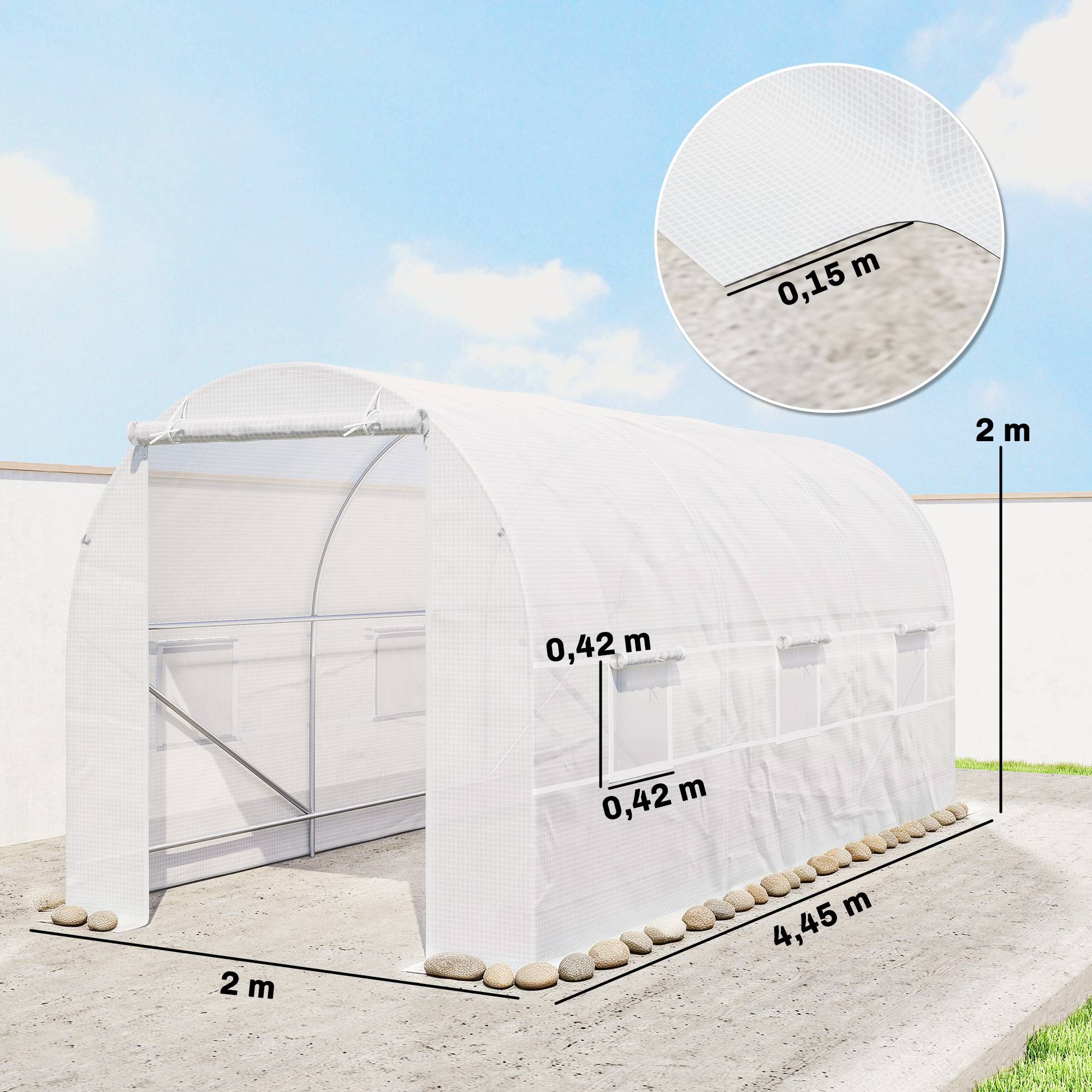 Grande Serre Tunnel 9m² Acier Galvanisé et Bâche PE avec 6 Fenêtres pour Potager 4,45x2x2 m Blanc - ComfortXL Outdoor Living - Image 5