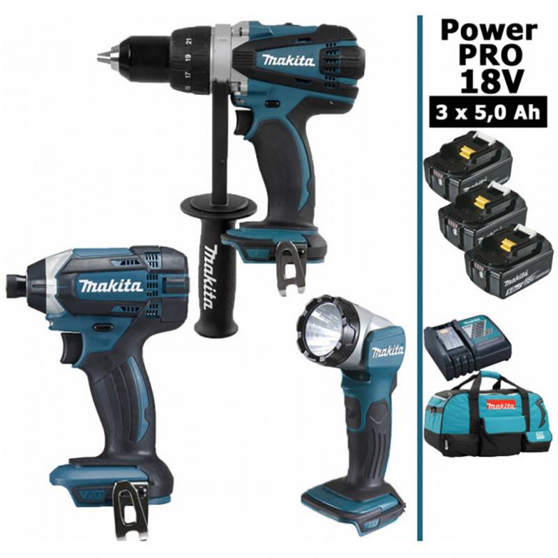 Makita - Pack Makita Power PRO 18V: Perceuse 91Nm DDF458 + Visseuse à chocs 165Nm DTD152 + Lampe Torche LED 180lm DEADML802 + 3 batt 5Ah - Image 1