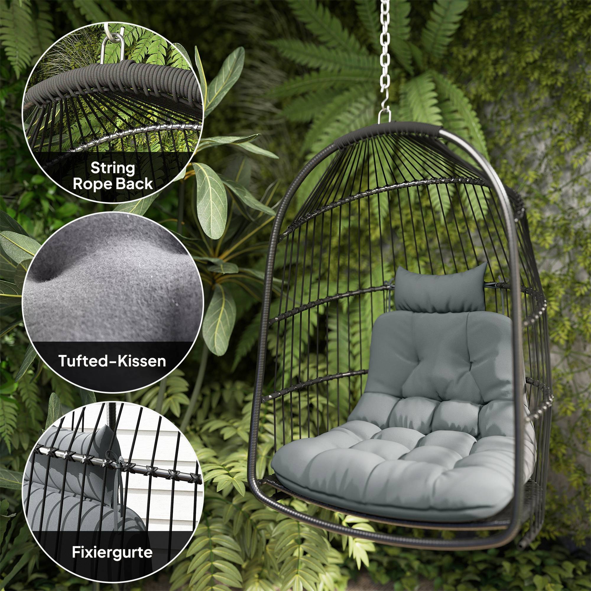 ComfortXL - Fauteuil suspendu résine tressée acier gris foncé 74 x 68 x 105 cm pliable avec coussin charge 150 kg - Image 7