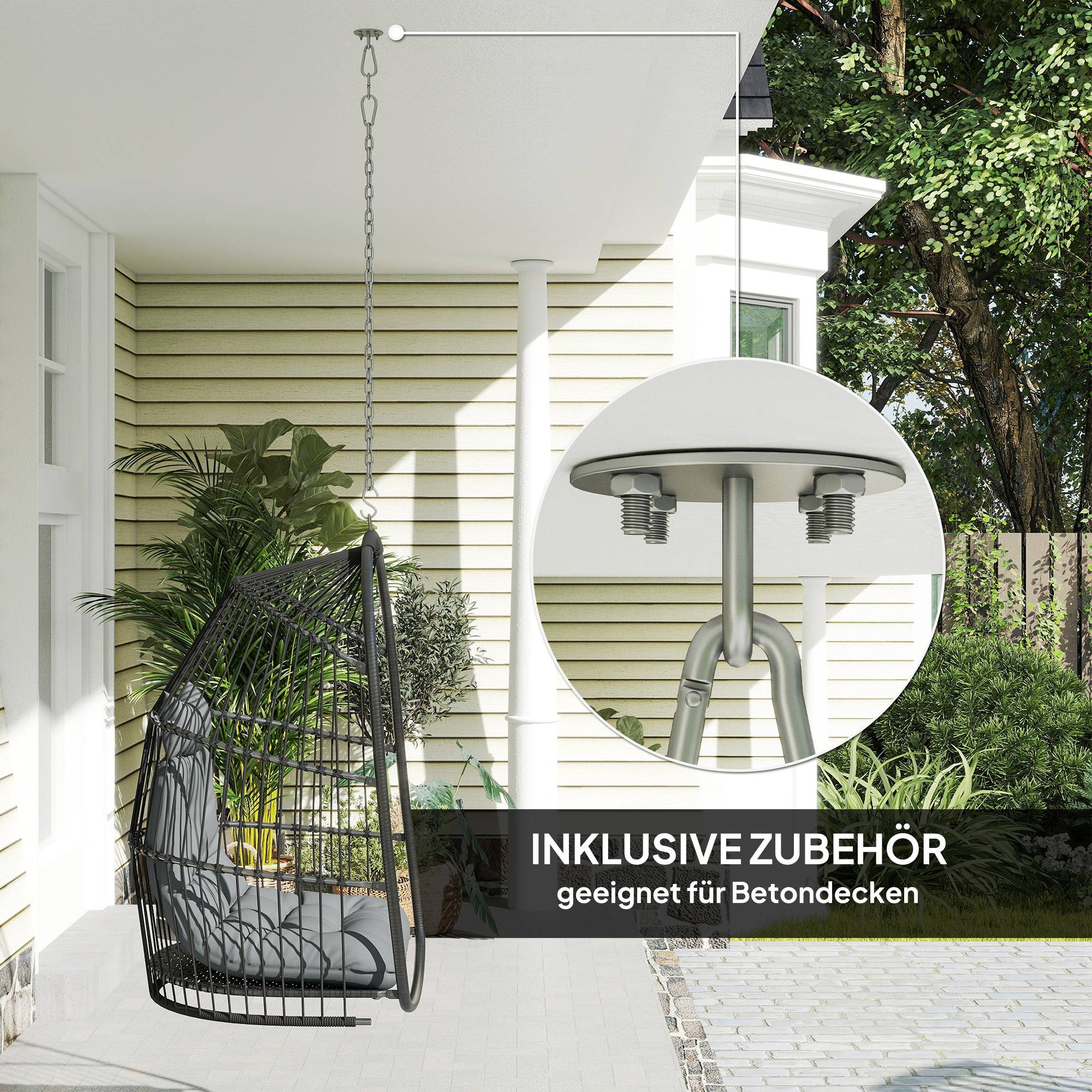 ComfortXL - Fauteuil suspendu résine tressée acier gris foncé 74 x 68 x 105 cm pliable avec coussin charge 150 kg - Image 8