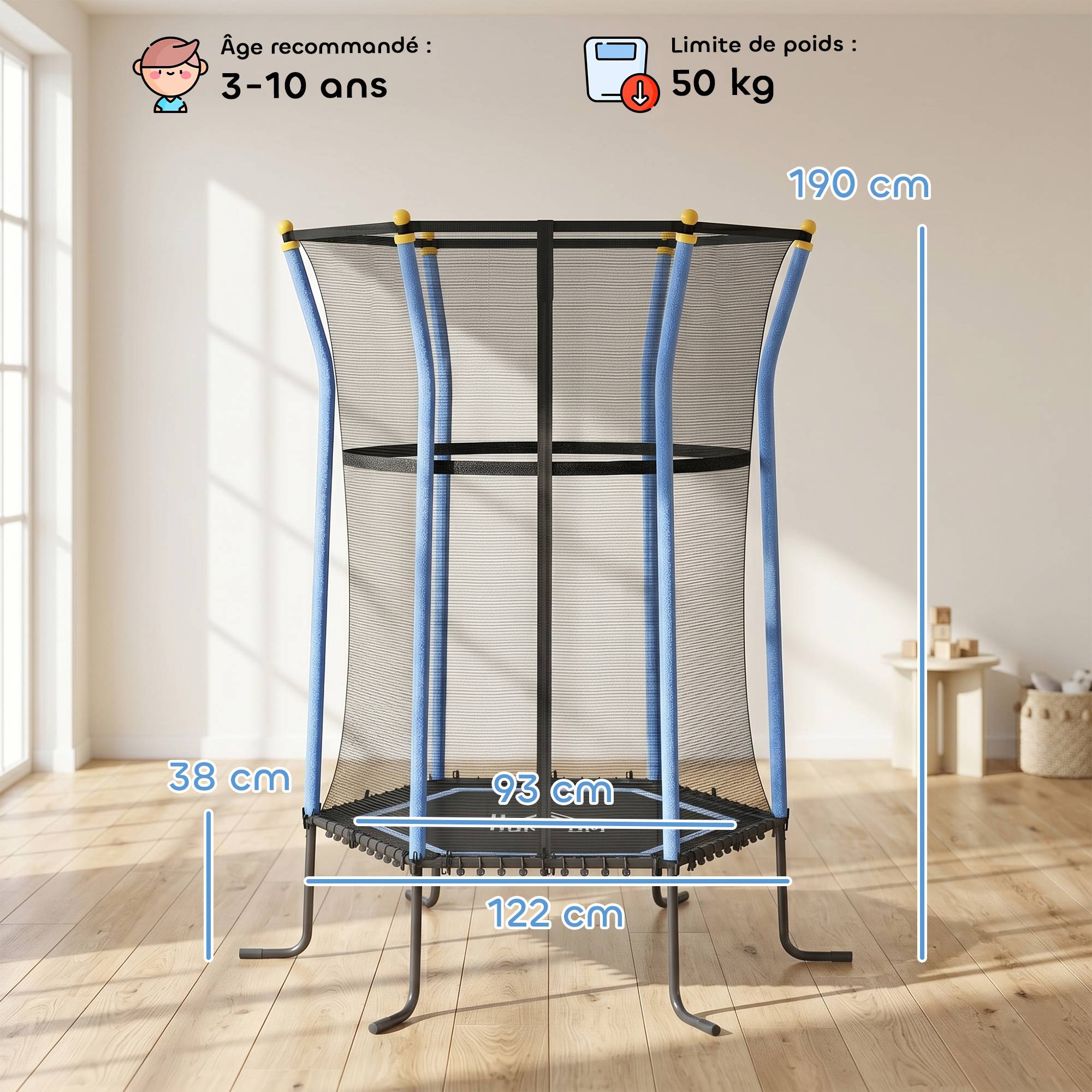 Trampoline pour enfant Ø 1,63 x 1,9 m filet de sécurité porte zippée 6 poteaux rembourrés inclus bleu noir - Image 5