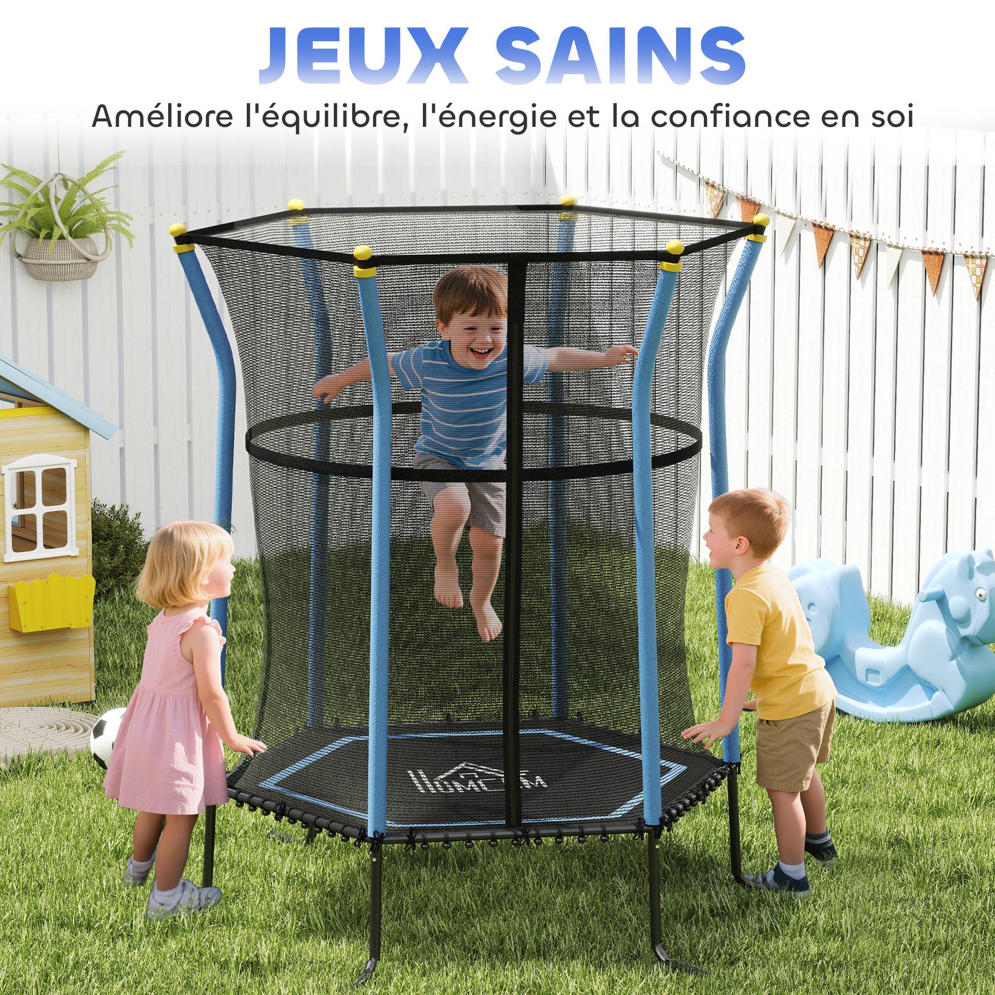 Trampoline pour enfant Ø 1,63 x 1,9 m filet de sécurité porte zippée 6 poteaux rembourrés inclus bleu noir - Image 10