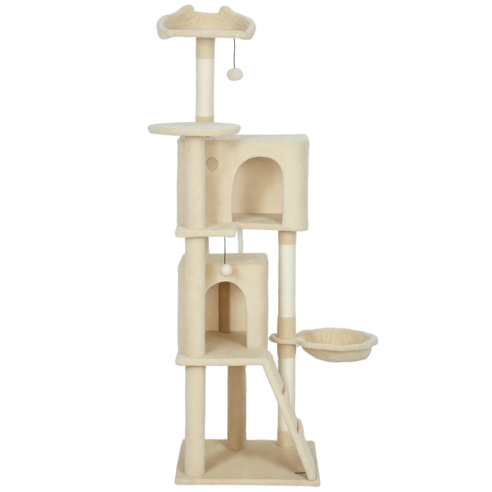 arbre à chat beige 160 cm plateformes couchage 2 niches hamac échelle sisal chat intérieur spacieux stable - Image 2