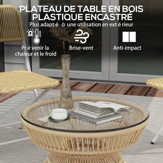 ComfortXL - Table basse de jardin ronde résine aspect rotin balcon plateau verre naturel - ComfortXL Outdoor Living - Image 7