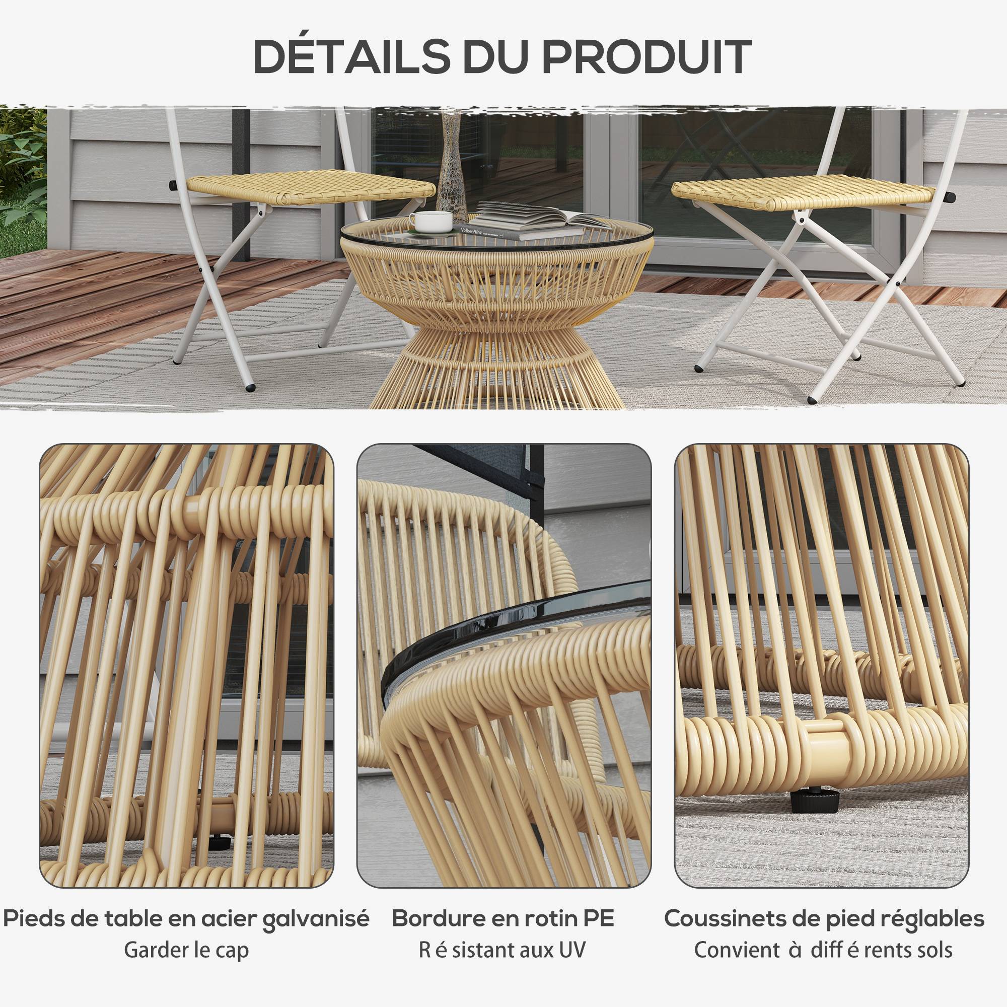 ComfortXL - Table basse de jardin ronde résine aspect rotin balcon plateau verre naturel - ComfortXL Outdoor Living - Image 8