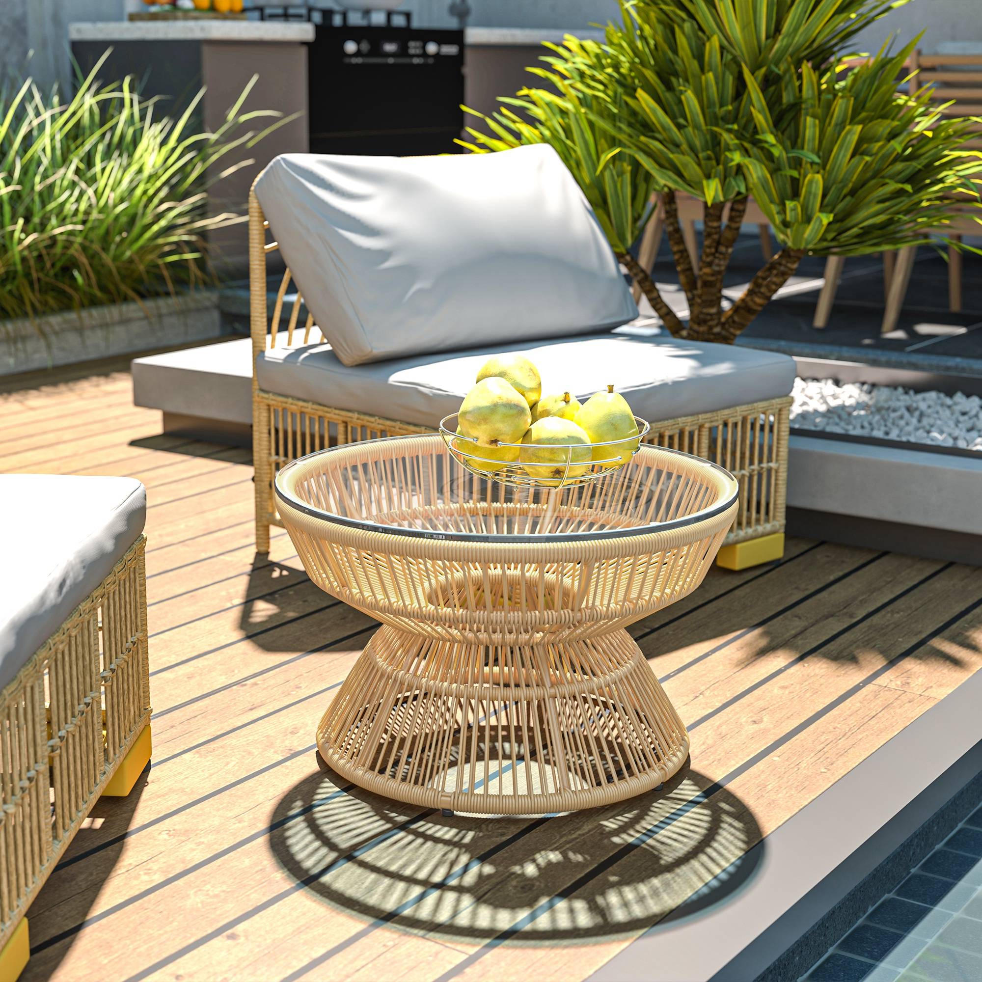 ComfortXL - Table basse de jardin ronde résine aspect rotin balcon plateau verre naturel - ComfortXL Outdoor Living - Image 3