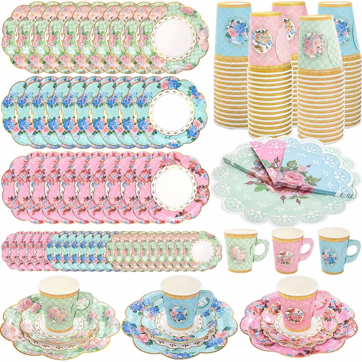 Service à Thé Jetable Papier 204 Pièces Assiettes Tasses avec Anses Fête