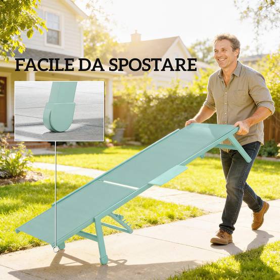 Ensemble de 2 chaises longues réglables en 5 positions avec table d'appoint et 2 roulettes, en métal et polyester, vert - Image 9