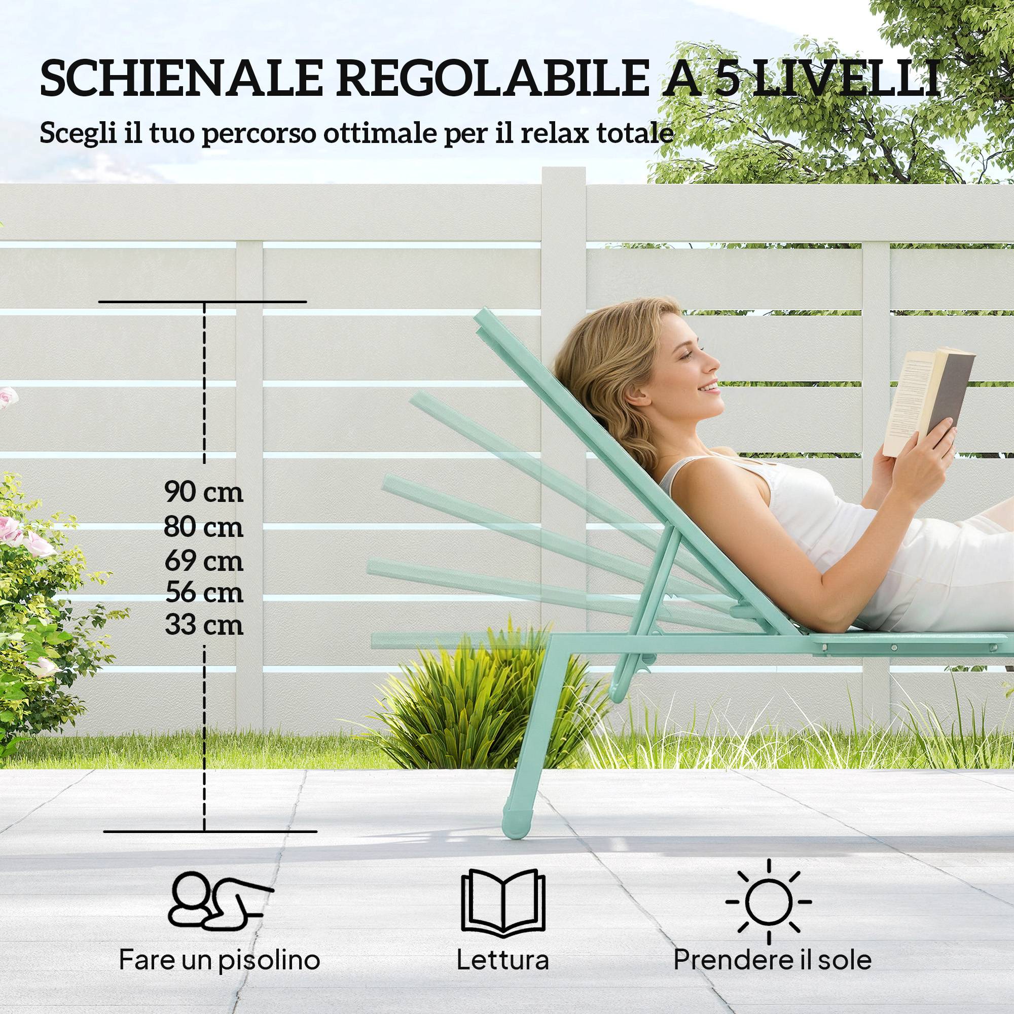 Ensemble de 2 chaises longues réglables en 5 positions avec table d'appoint et 2 roulettes, en métal et polyester, vert - Image 7