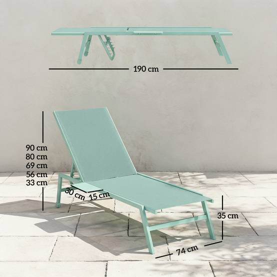 Ensemble de 2 chaises longues réglables en 5 positions avec table d'appoint et 2 roulettes, en métal et polyester, vert - Image 5