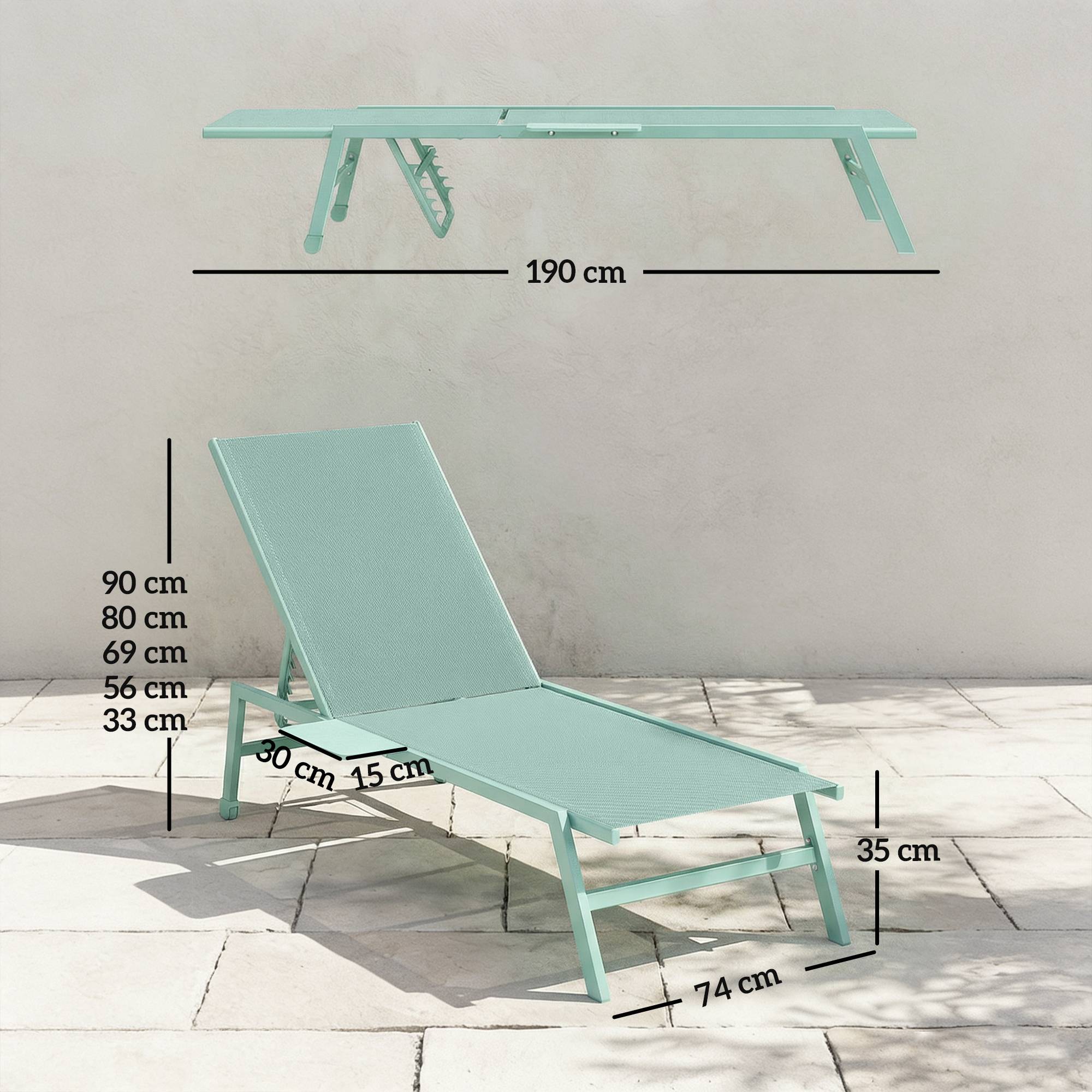 Ensemble de 2 chaises longues réglables en 5 positions avec table d'appoint et 2 roulettes, en métal et polyester, vert - Image 5