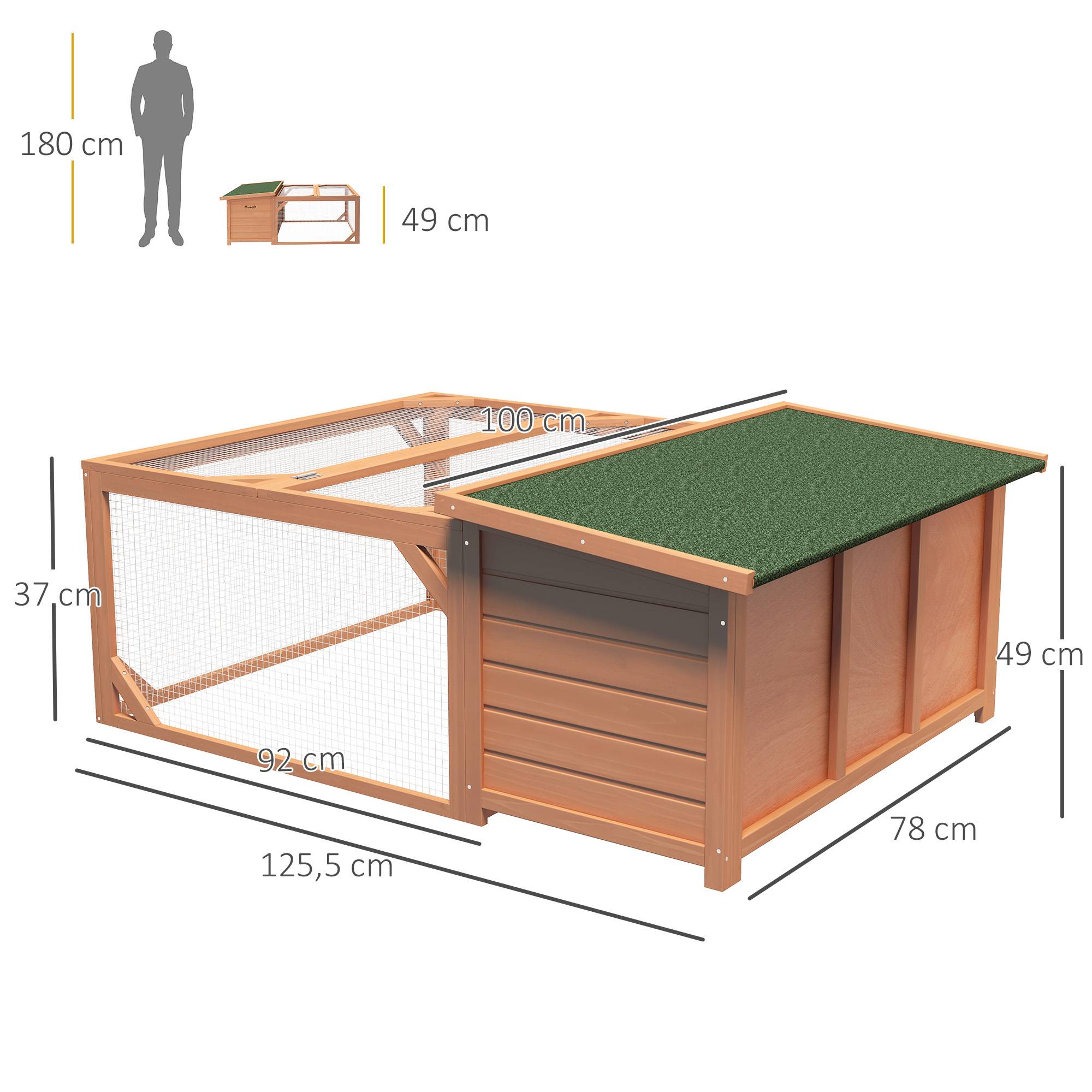 Clapier d'extérieur, cage lapin avec enclos, toit en asphalte, cadre en bois, 125,5 x 100 x 49 cm, orange - Image 5