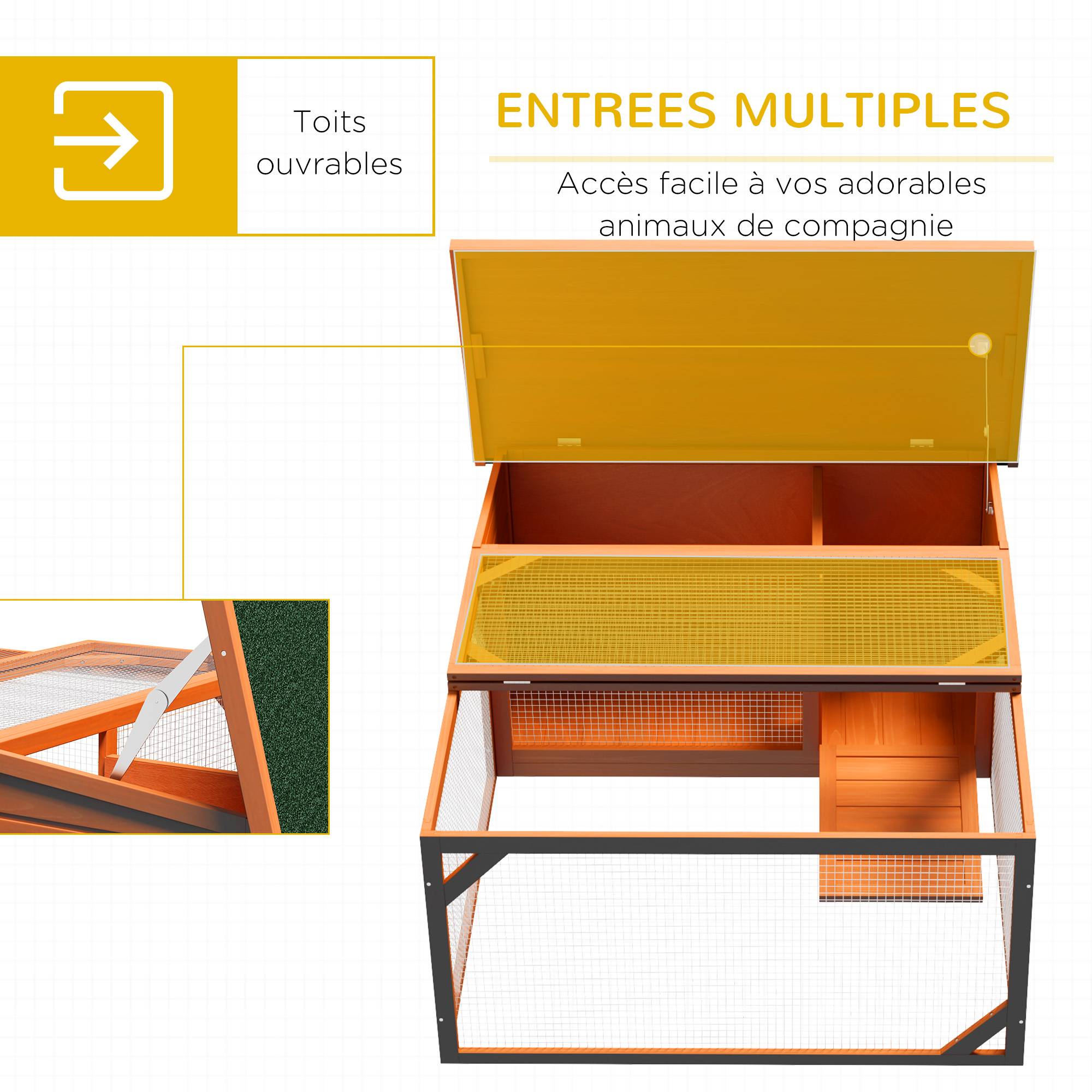 Clapier d'extérieur, cage lapin avec enclos, toit en asphalte, cadre en bois, 125,5 x 100 x 49 cm, orange - Image 7