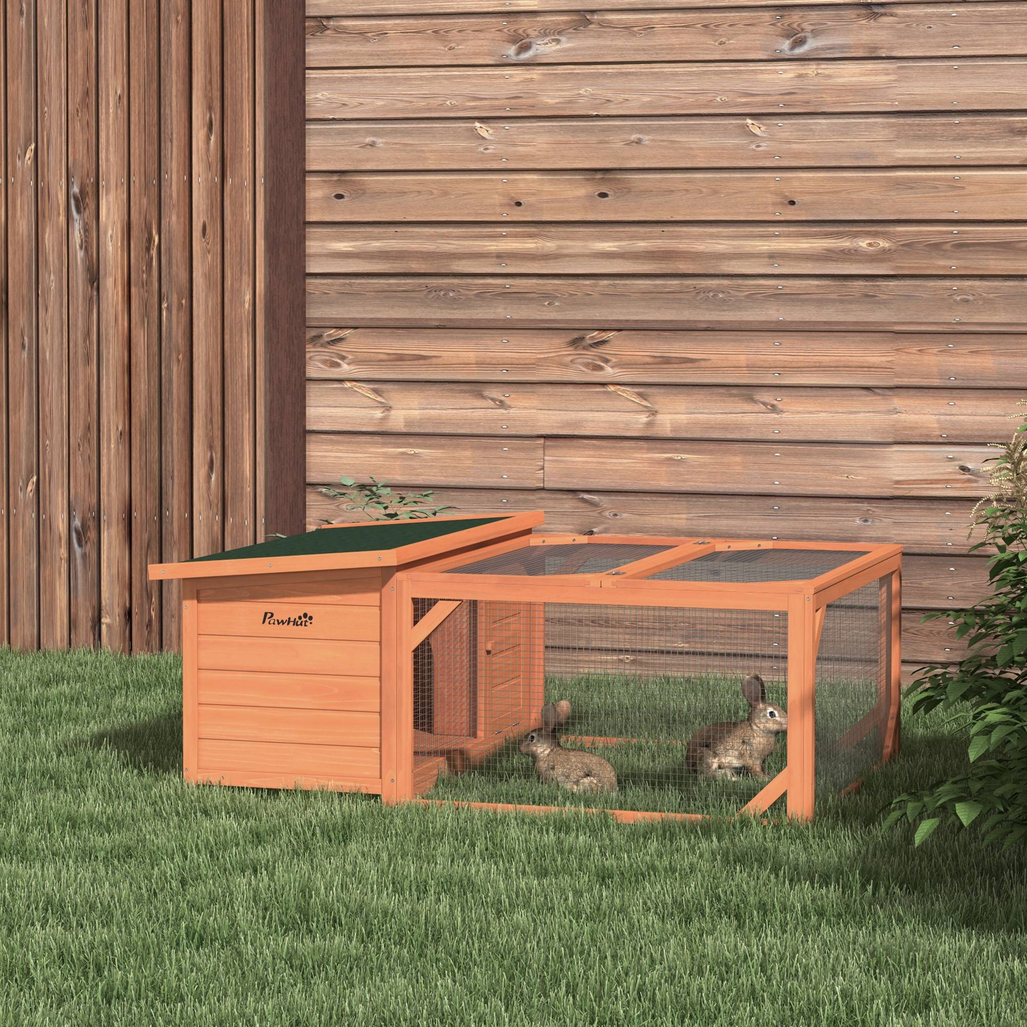 Clapier d'extérieur, cage lapin avec enclos, toit en asphalte, cadre en bois, 125,5 x 100 x 49 cm, orange - Image 3