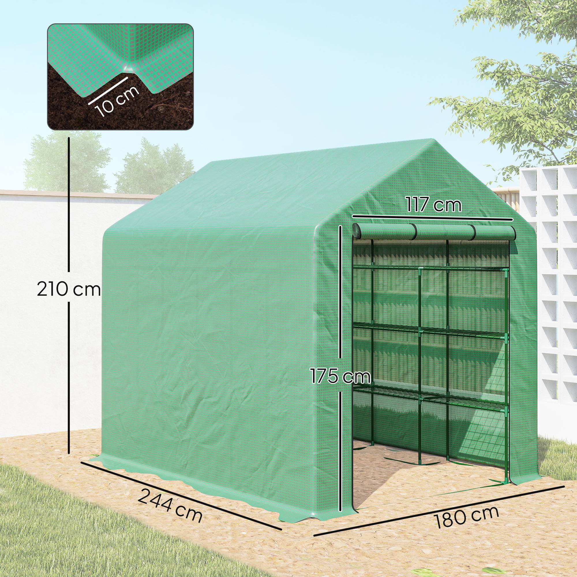Serre de jardin serre d'hivernage avec étagères 3 niveaux porte enroulable tube en acier 244 x 180 x 210 cm vert - Image 5