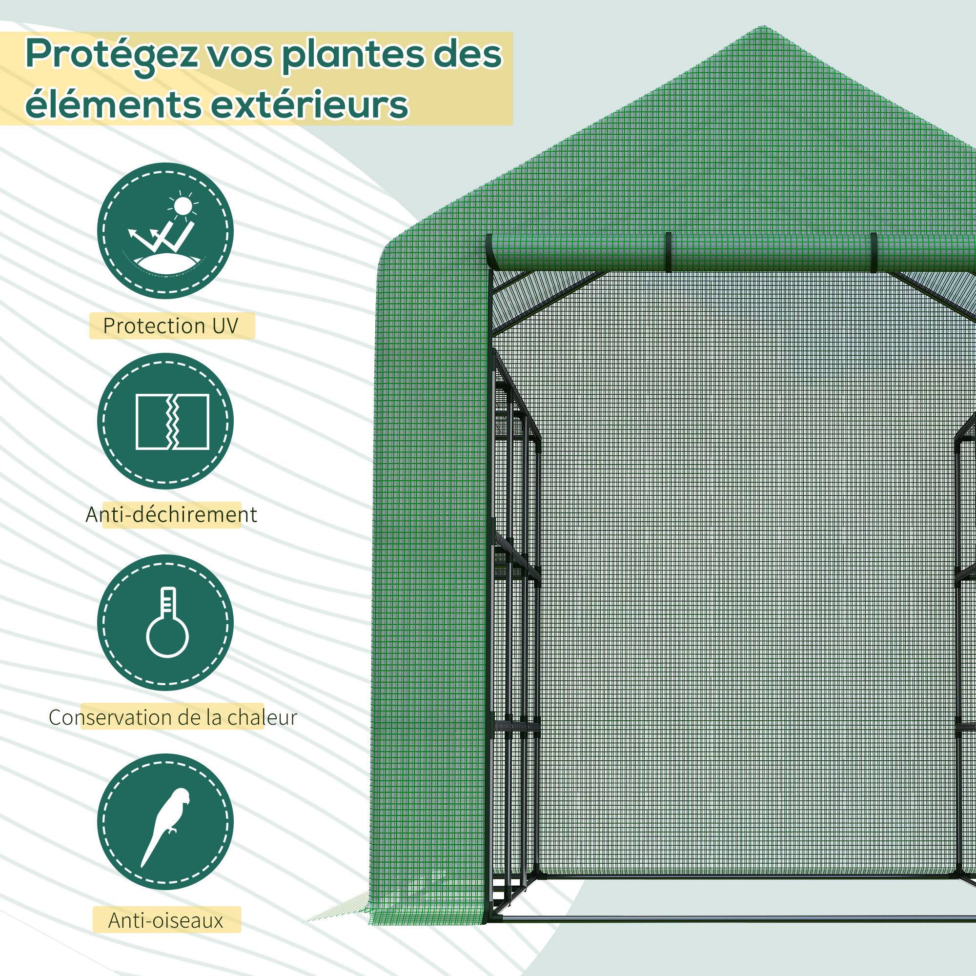 Serre de jardin serre d'hivernage avec étagères 3 niveaux porte enroulable tube en acier 244 x 180 x 210 cm vert - Image 6
