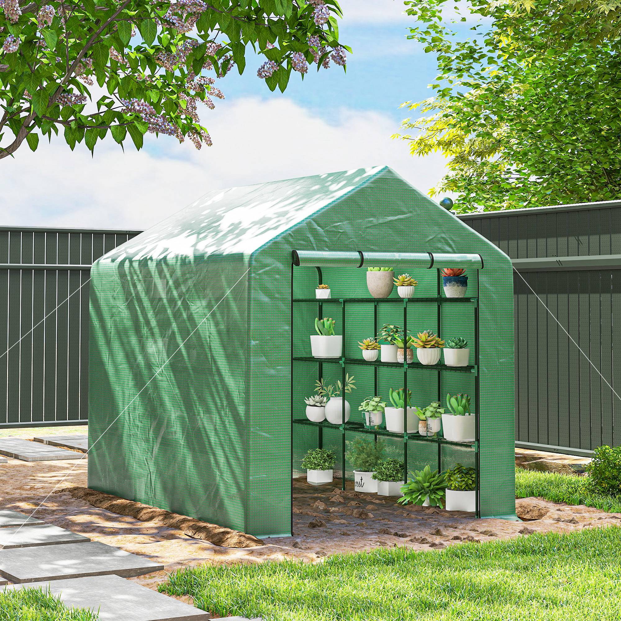 Serre de jardin serre d'hivernage avec étagères 3 niveaux porte enroulable tube en acier 244 x 180 x 210 cm vert - Image 4