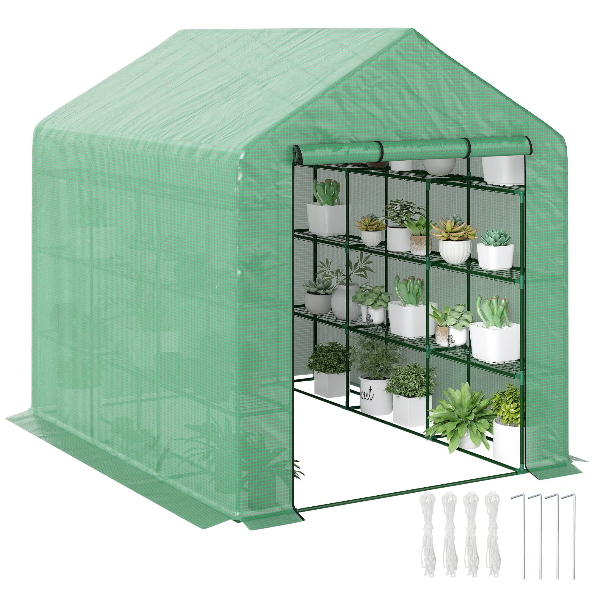 Serre de jardin serre d'hivernage avec étagères 3 niveaux porte enroulable tube en acier 244 x 180 x 210 cm vert - Image 1