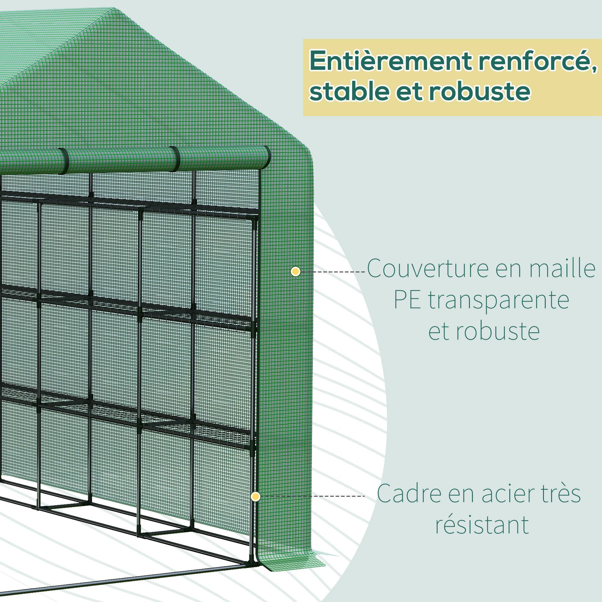 Serre de jardin serre d'hivernage avec étagères 3 niveaux porte enroulable tube en acier 244 x 180 x 210 cm vert - Image 8