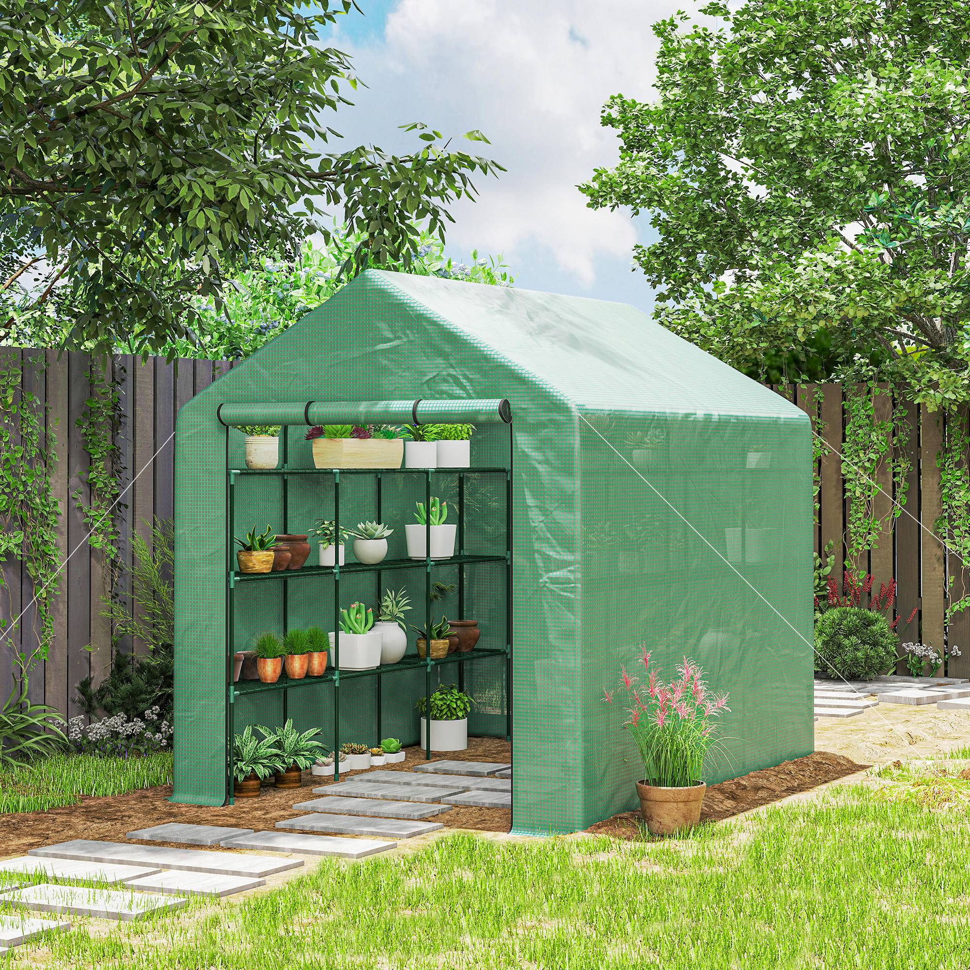 Serre de jardin serre d'hivernage avec étagères 3 niveaux porte enroulable tube en acier 244 x 180 x 210 cm vert - Image 3