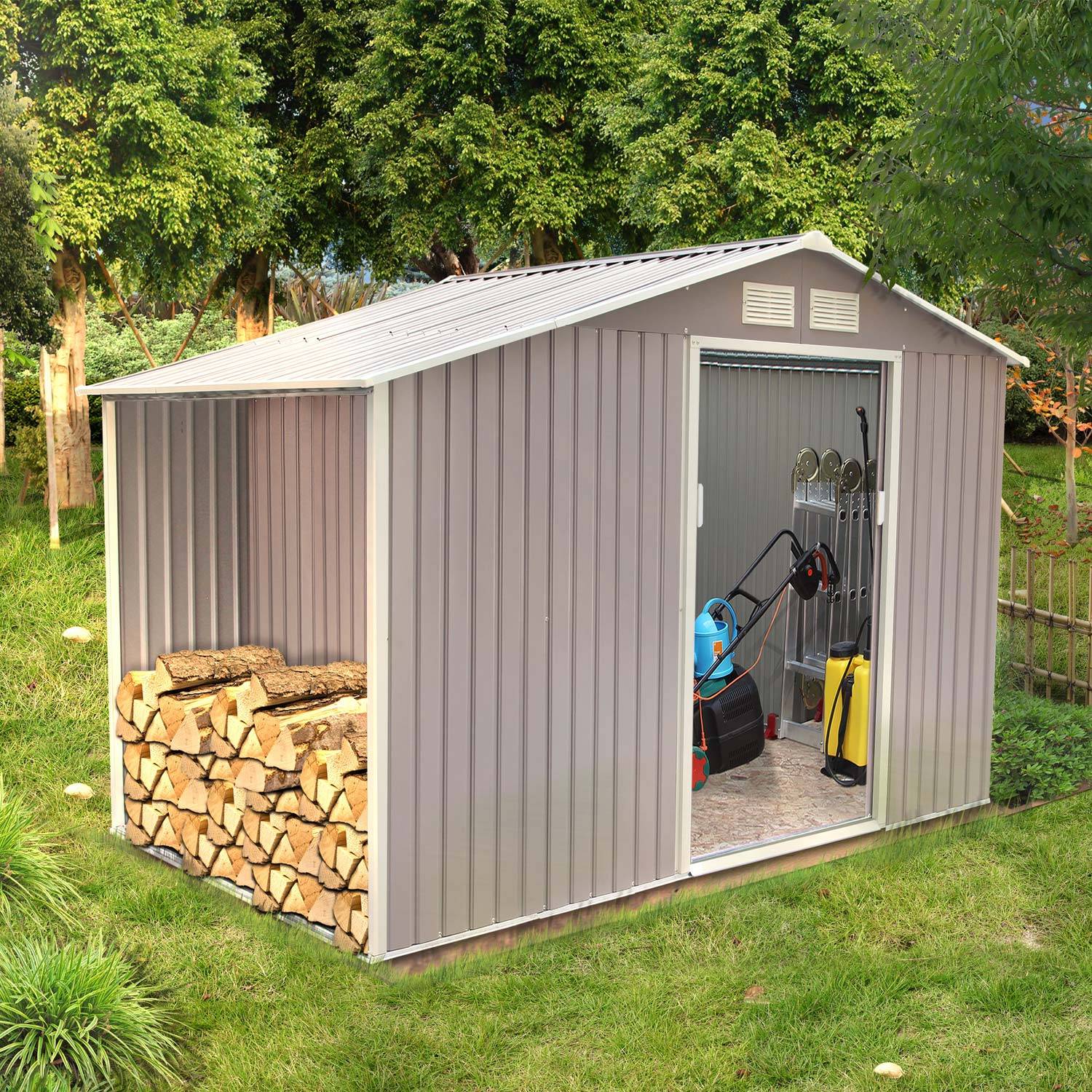 Abri de jardin avec abri bûches 6,53 m² en acier gris VENTOUX - Image 2