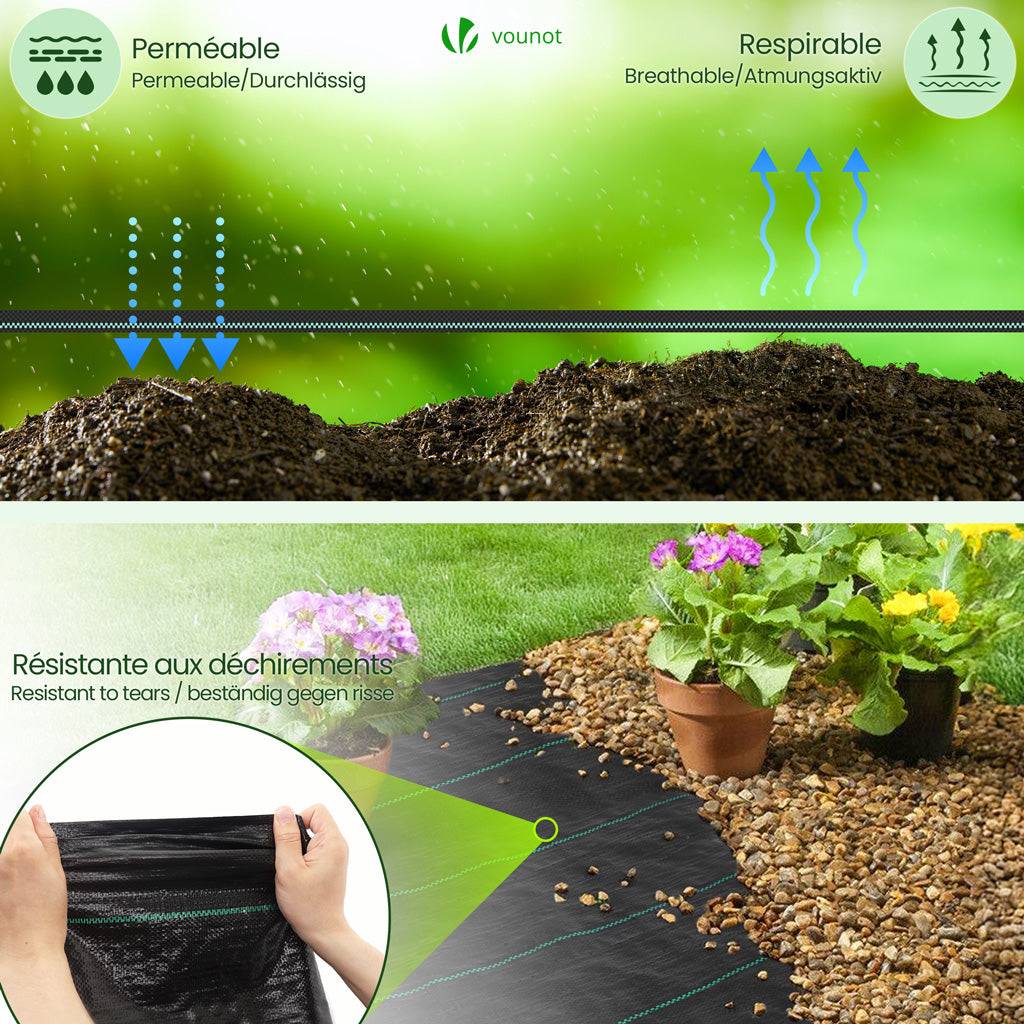 Vounot - Toile de paillage 50m x 1m 100g/m² avec 100 piquets de fixation - Bâche géotextile anti UV contre mauvaises herbes - VOUNOT® - Image 3