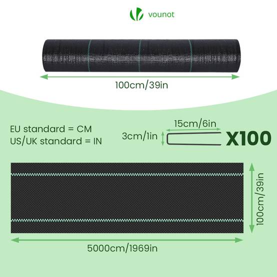 Vounot - Toile de paillage 50m x 1m 100g/m² avec 100 piquets de fixation - Bâche géotextile anti UV contre mauvaises herbes - VOUNOT® - Image 2