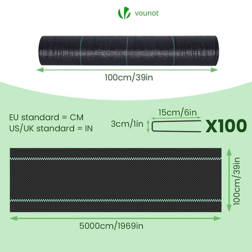 Vounot - Toile de paillage 50m x 1m 100g/m² avec 100 piquets de fixation - Bâche géotextile anti UV contre mauvaises herbes - VOUNOT® - Image 2