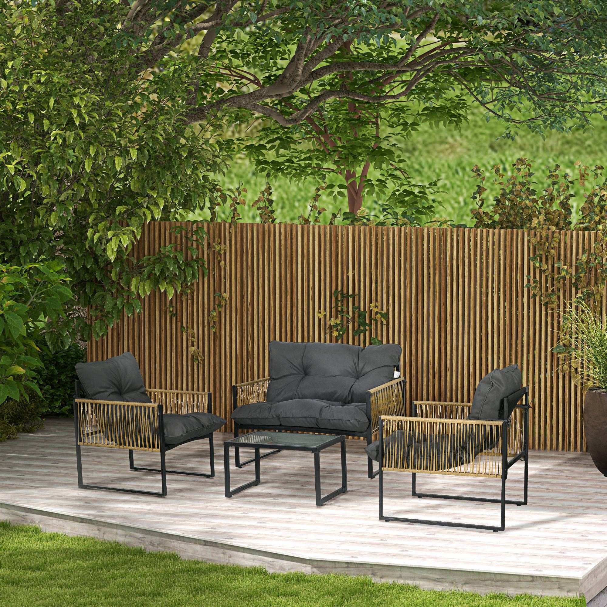 Ensemble salon de jardin 4 pièces canapé 2 places 2 fauteuils et 1 table basse plateau verre trempé 3 coussins - gris - Image 3