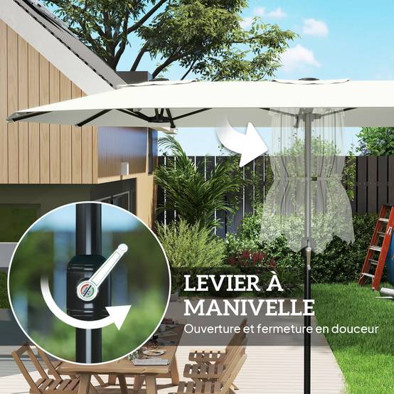 Grand parasol double en polyester ouverture manivelle et housse protection 459x266cm crème - ComfortXL Outdoor Living - Image 9
