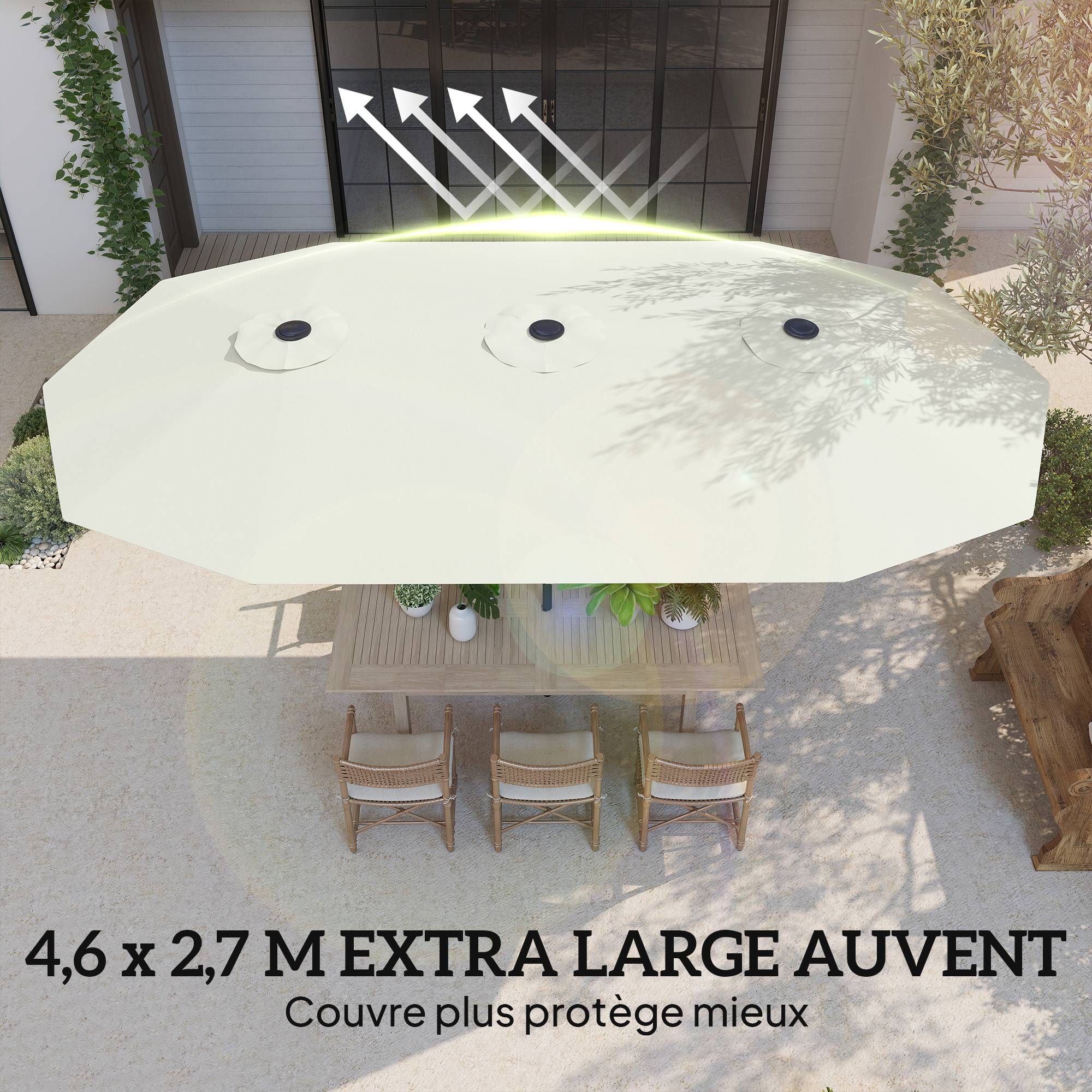 Grand parasol double en polyester ouverture manivelle et housse protection 459x266cm crème - ComfortXL Outdoor Living - Image 6