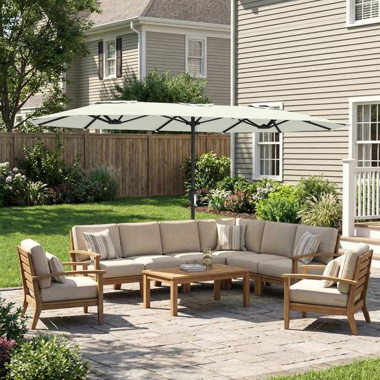 Grand parasol double en polyester ouverture manivelle et housse protection 459x266cm crème - ComfortXL Outdoor Living - Image 3
