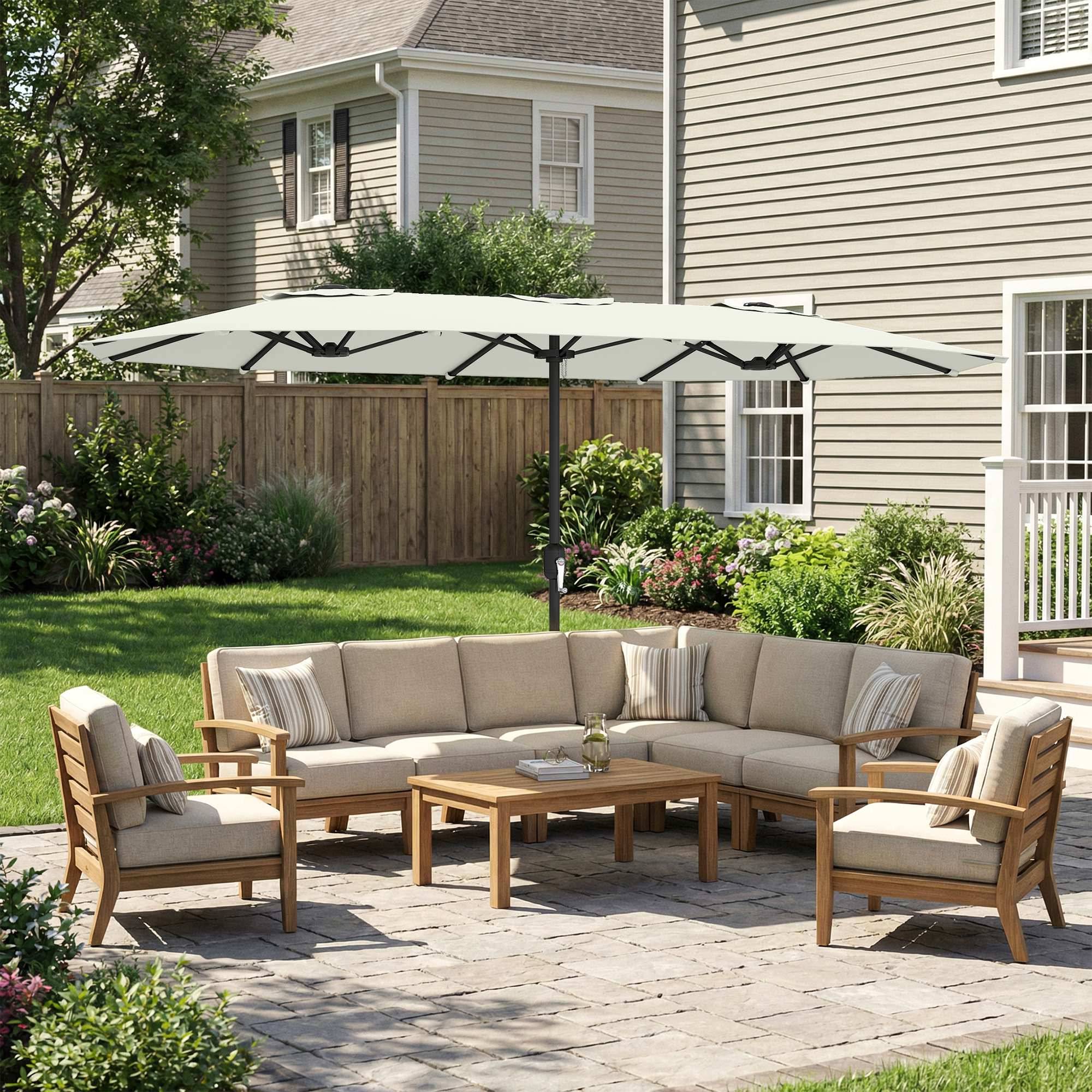 Grand parasol double en polyester ouverture manivelle et housse protection 459x266cm crème - ComfortXL Outdoor Living - Image 3