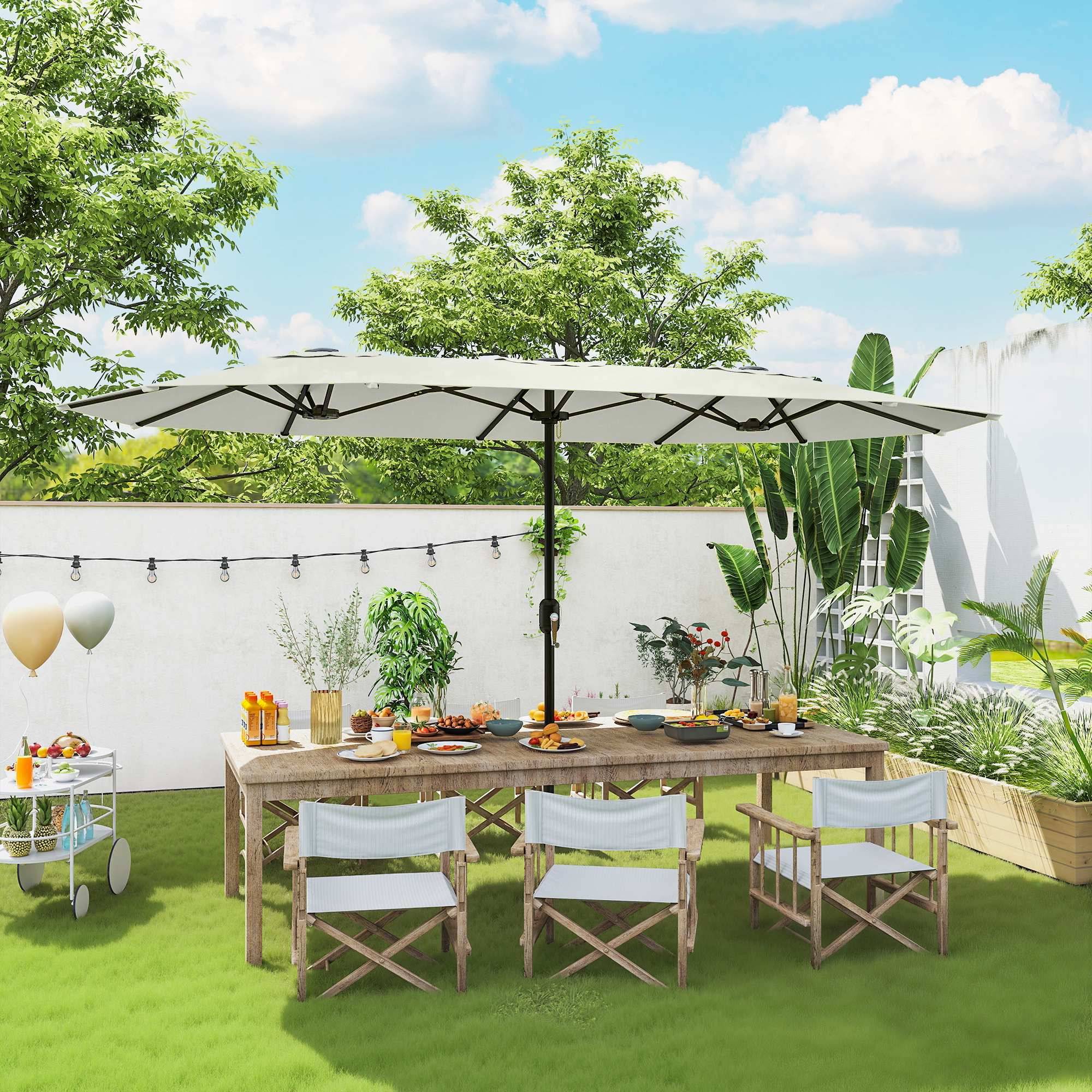 Grand parasol double en polyester ouverture manivelle et housse protection 459x266cm crème - ComfortXL Outdoor Living - Image 4