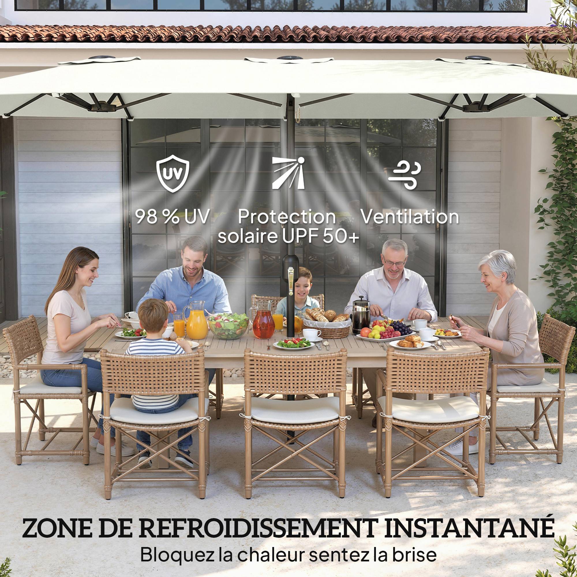 Grand parasol double en polyester ouverture manivelle et housse protection 459x266cm crème - ComfortXL Outdoor Living - Image 7