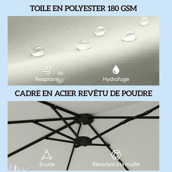 Grand parasol double en polyester ouverture manivelle et housse protection 459x266cm crème - ComfortXL Outdoor Living - Image 8